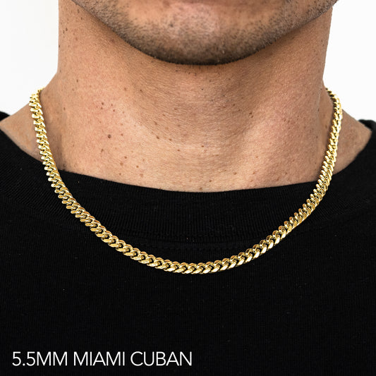 14K 5.5MM YELLOW GOLD HOLLOW MIAMI CUBAN 16" CHAIN NECKLACE