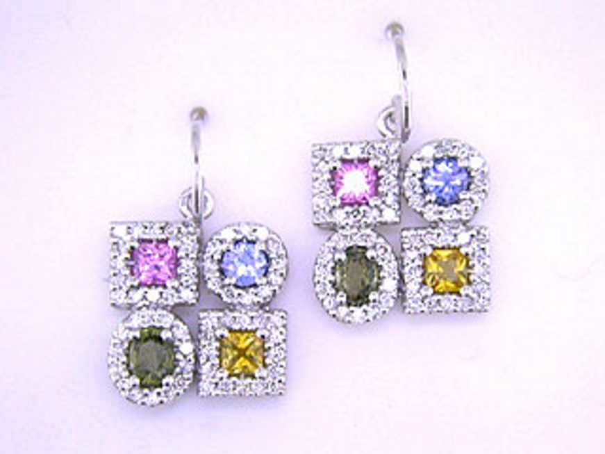 EFFY 14K WHITE GOLD DIAMOND,NATURAL CEYLON SAPPHIRE,GREEN SAPPHIRE,PINK SAPPHIRE,YELLOW SAPPHIRE EARRINGS