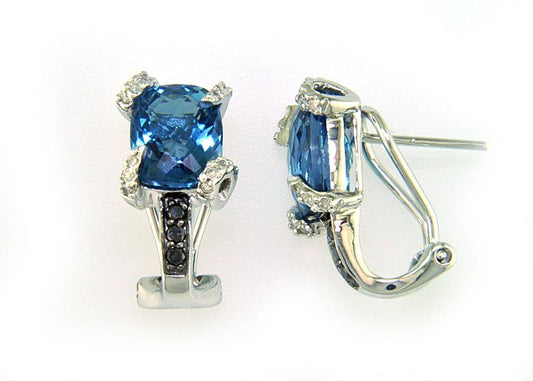 EFFY 14K WHITE GOLD DIAMOND, BLACK DIAMOND, LONDON BLUE TOPAZ EARRINGS