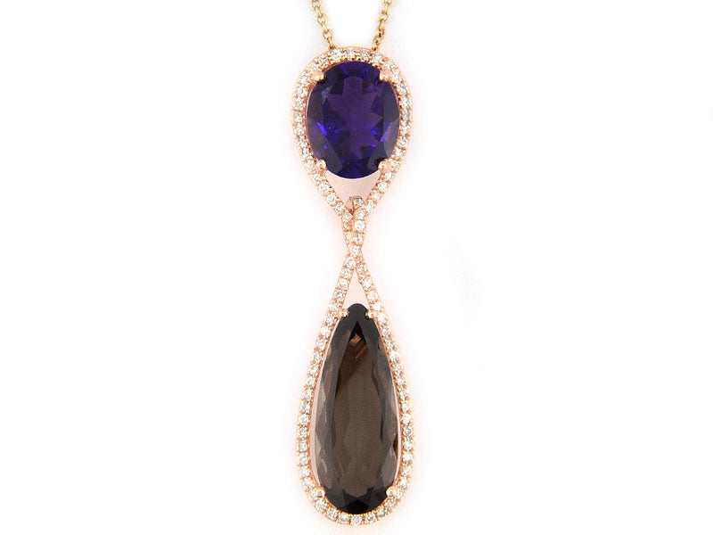 14K ROSE GOLD DIAMOND, AMETHYST AND SMOKY QUARTZ PENDANT