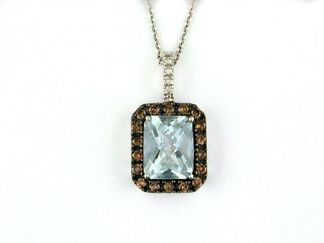 14K WHITE GOLD DIAMOND, BROWN DIAMOND AND AQUAMARINE PENDANT