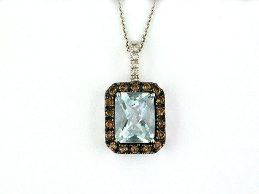 14K WHITE GOLD DIAMOND, BROWN DIAMOND AND AQUAMARINE PENDANT