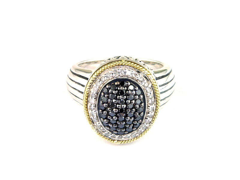 EFFY 925 18K YELLOW GOLD/SILVER DIAMOND and BLACK DIAMOND RING