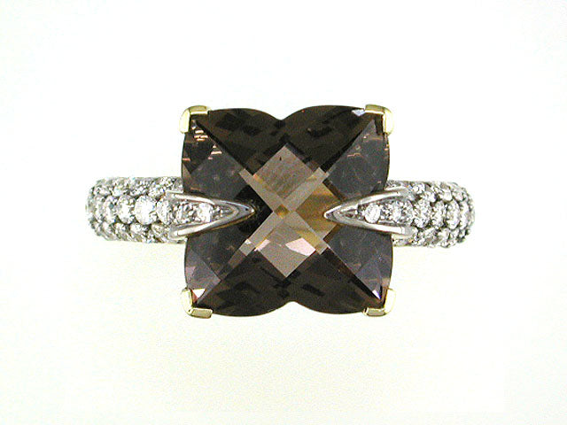 EFFY 14K YELLOW GOLD DIAMOND and SMOKY QUARTZ RING