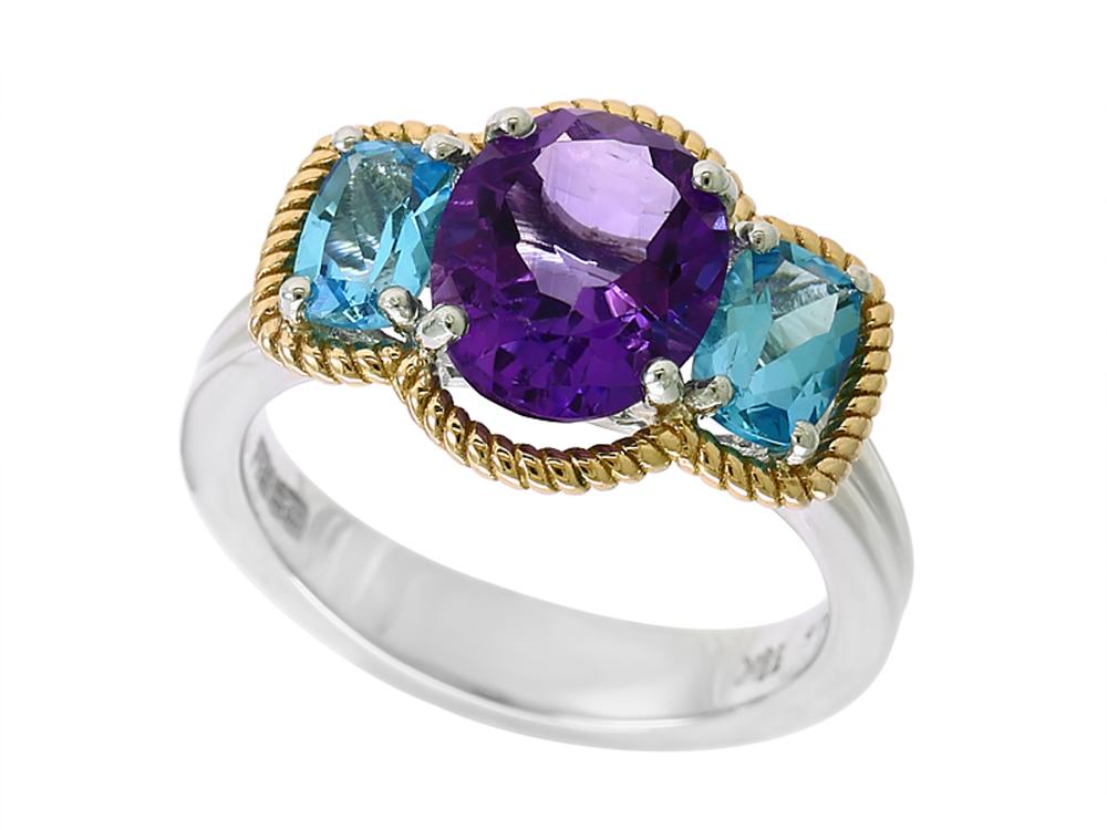 EFFY 925 18K YELLOW GOLD/SILVER AMETHYST and BLUE TOPAZ RING