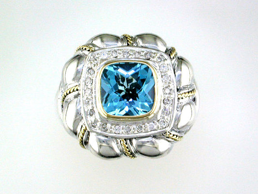 EFFY 925 18K YELLOW GOLD/SILVER DIAMOND and BLUE TOPAZ RING