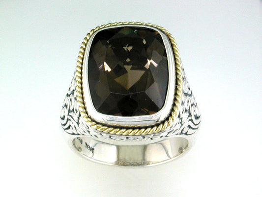 EFFY 925 18K YELLOW GOLD/SILVER SMOKY QUARTZ RING