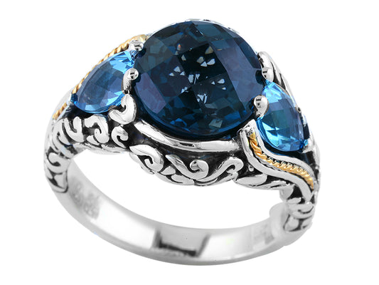 EFFY 925 18K YELLOW GOLD/SILVER BLUE LACE AGATE and SAPPHIRE RING