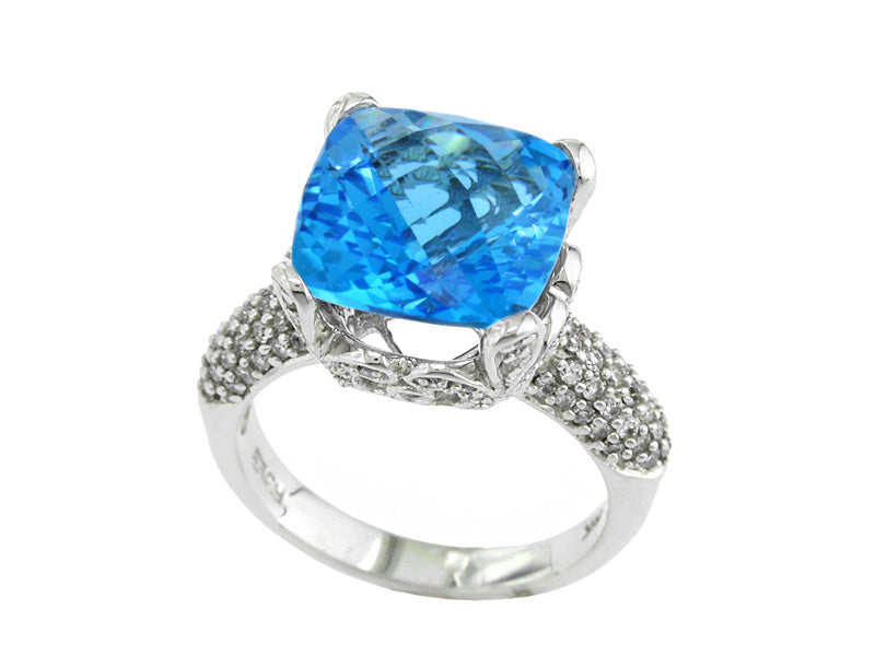 EFFY 14K WHITE GOLD DIAMOND and BLUE TOPAZ RING