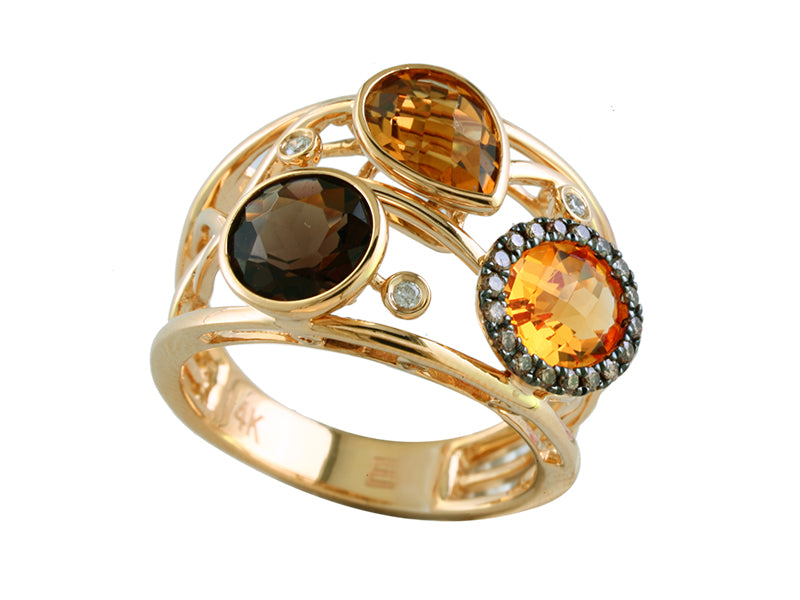 EFFY 14K YELLOW GOLD DIAMOND,CITRINE,SMOKY QUARTZ,WHISKY QUARTZ,BROWN DIAMOND RING