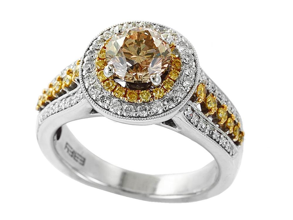 EFFY 18K WHITE and YELLOW GOLD DIAMOND,ESPRESSO DIAMOND,NATURAL YELLOW DIAMOND,,BROWN DIAMOND RING (WITH  6.4MM  CENTER SIZE) CENTER SIZE: 6.4MM