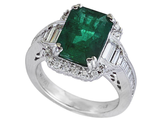 EFFY 18K WHITE GOLD DIAMOND,NATURAL EMERALD RING