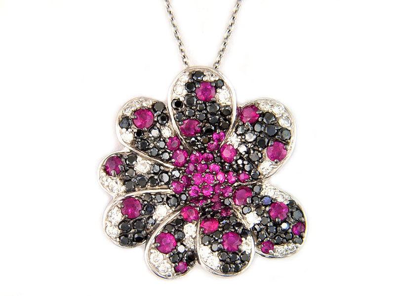 EFFY 14K WHITE GOLD DIAMOND,BLACK DIAMOND,NATURAL RUBY PENDANT