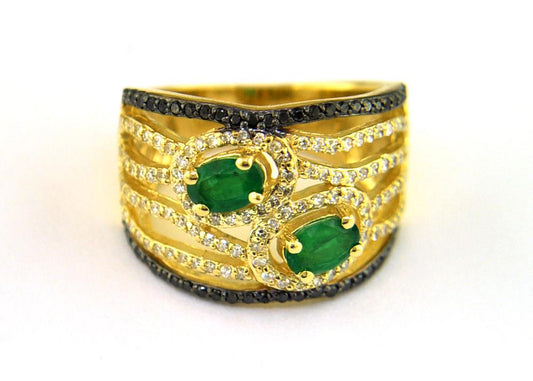 EFFY 14K YELLOW GOLD DIAMOND,BLACK DIAMOND,NATURAL EMERALD RING