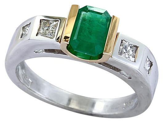 EFFY 14K WHITE and YELLOW GOLD DIAMOND,NATURAL EMERALD RING