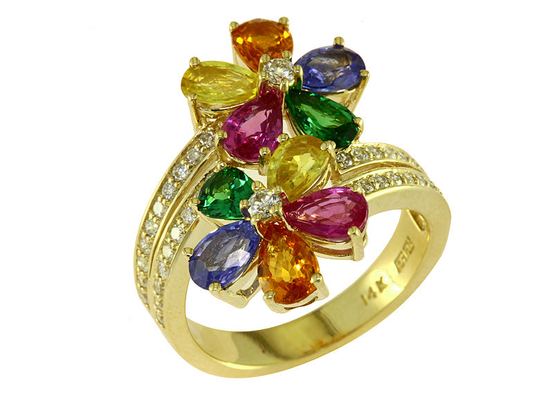 EFFY 14K YELLOW GOLD DIAMOND,NATURAL CEYLON SAPPHIRE,ORANGE SAPPHIRE,PINK SAPPHIRE,TSAVORITE,YELLOW SAPPHIRE RING