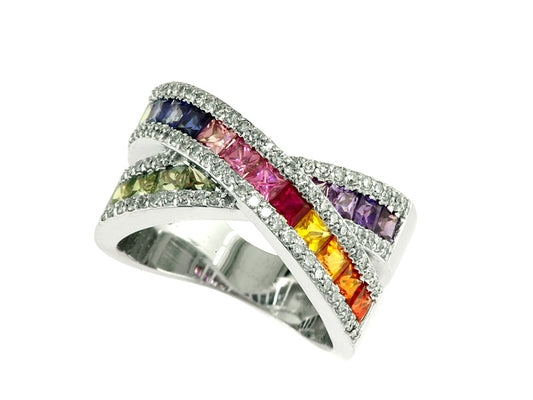 EFFY 14K WHITE GOLD DIAMOND,NATURAL CEYLON SAPPHIRE,GREEN SAPPHIRE,ORANGE SAPPHIRE,PINK SAPPHIRE,PURPLE SAPPHIRE RING