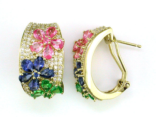 EFFY 14K YELLOW GOLD DIAMOND,NATURAL CEYLON SAPPHIRE,PINK SAPPHIRE,TSAVORITE EARRINGS