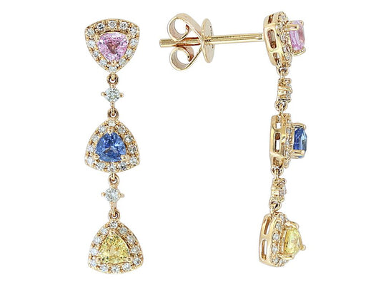 EFFY 14K YELLOW GOLD DIAMOND,NATURAL CEYLON SAPPHIRE,PINK SAPPHIRE,YELLOW SAPPHIRE EARRINGS