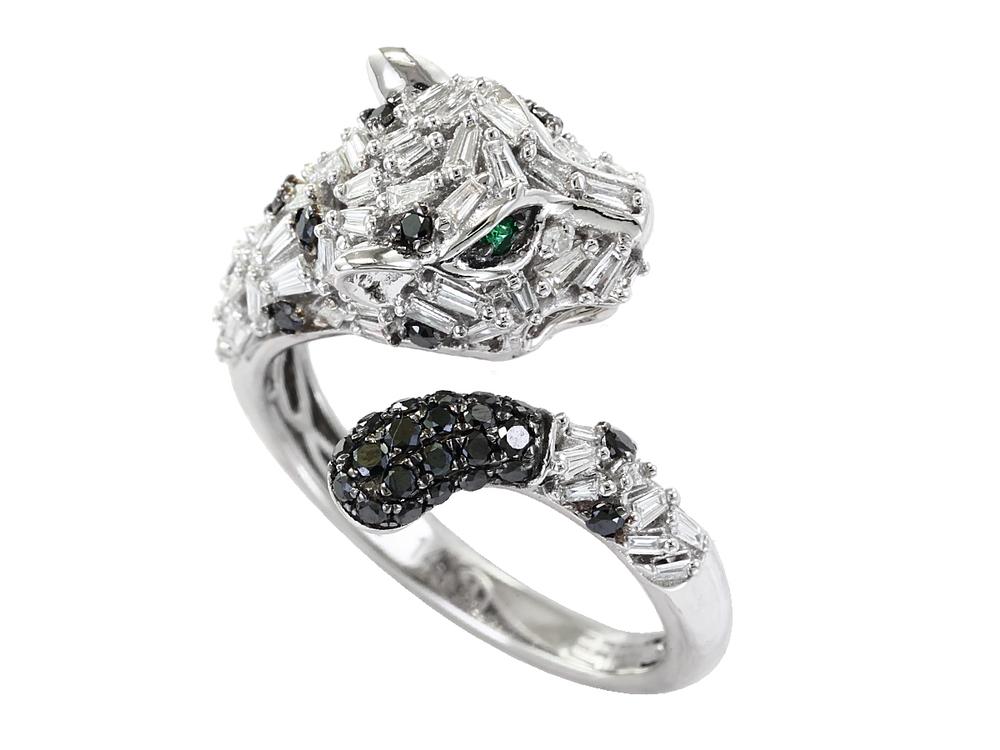 EFFY 14K WHITE GOLD DIAMOND,BLACK DIAMOND,NATURAL EMERALD RING