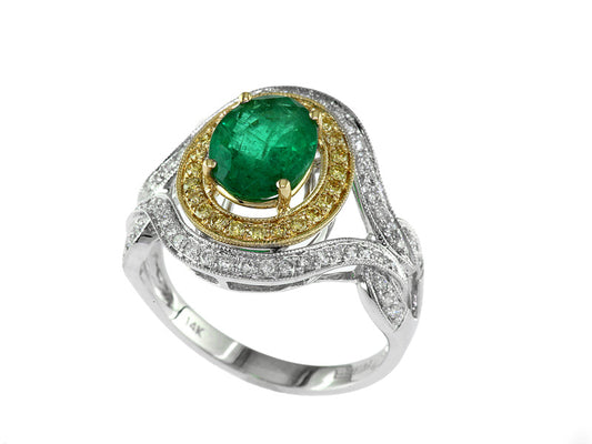 EFFY 14K WHITE and YELLOW GOLD DIAMOND,NATURAL YELLOW DIAMOND,NATURAL EMERALD RING