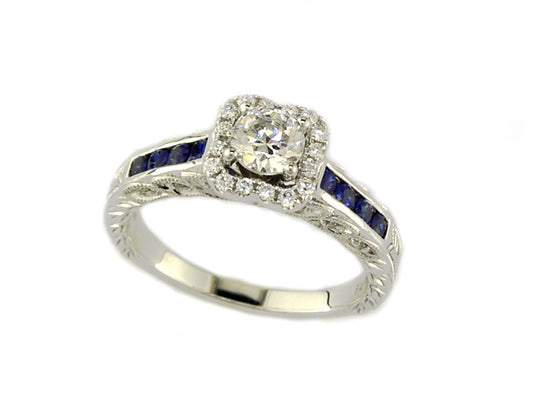 EFFY 18K WHITE GOLD DIAMOND,NATURAL SAPPHIRE, RING (WITH  .50 CT CZ  CENTER SIZE) CENTER SIZE: .50 CT CZ