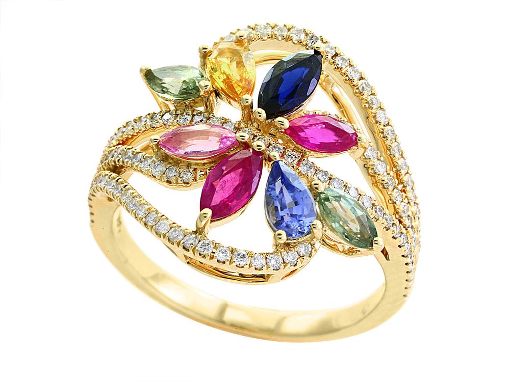 EFFY 14K YELLOW GOLD DIAMOND,GREEN SAPPHIRE,PINK SAPPHIRE,NATURAL RUBY,NATURAL SAPPHIRE,YELLOW SAPPHIRE RING