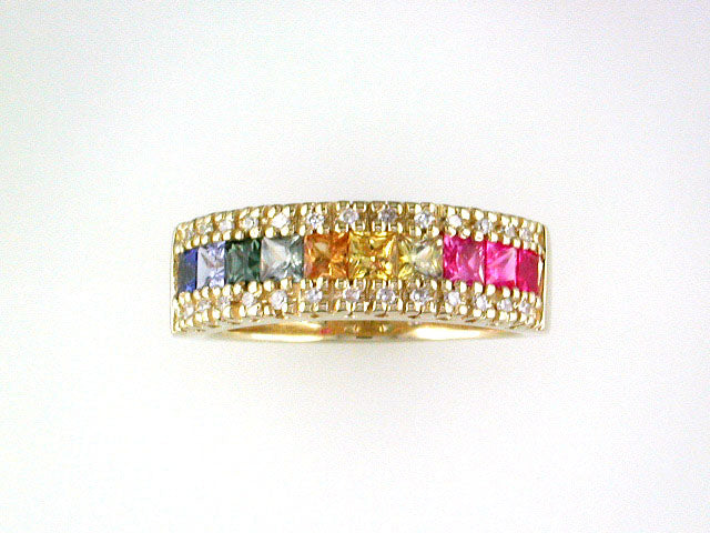 EFFY 14K YELLOW GOLD DIAMOND,NATURAL CEYLON SAPPHIRE,GREEN SAPPHIRE,PINK SAPPHIRE,YELLOW SAPPHIRE RING