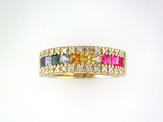 EFFY 14K YELLOW GOLD DIAMOND,NATURAL CEYLON SAPPHIRE,GREEN SAPPHIRE,PINK SAPPHIRE,YELLOW SAPPHIRE RING