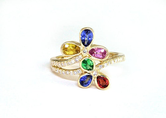 EFFY 14K YELLOW GOLD DIAMOND,NATURAL CEYLON SAPPHIRE,ORANGE SAPPHIRE,PINK SAPPHIRE,TSAVORITE,YELLOW SAPPHIRE RING