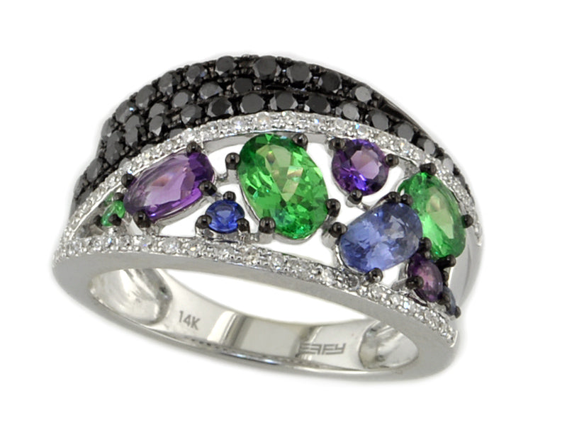 EFFY 14K WHITE GOLD DIAMOND,BLACK DIAMOND,NATURAL CEYLON SAPPHIRE,TSAVORITE,,AMETHYST RING