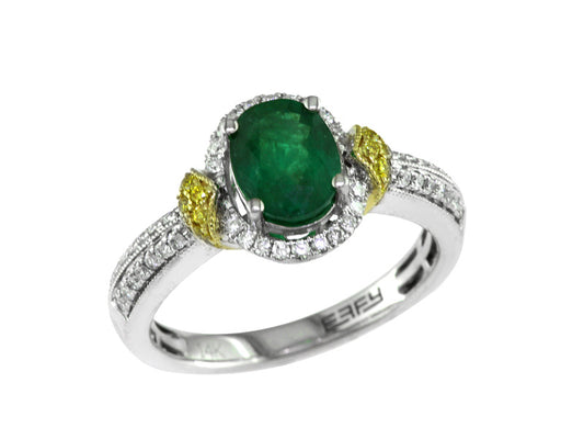 EFFY 14K WHITE and YELLOW GOLD DIAMOND,NATURAL YELLOW DIAMOND,NATURAL EMERALD RING