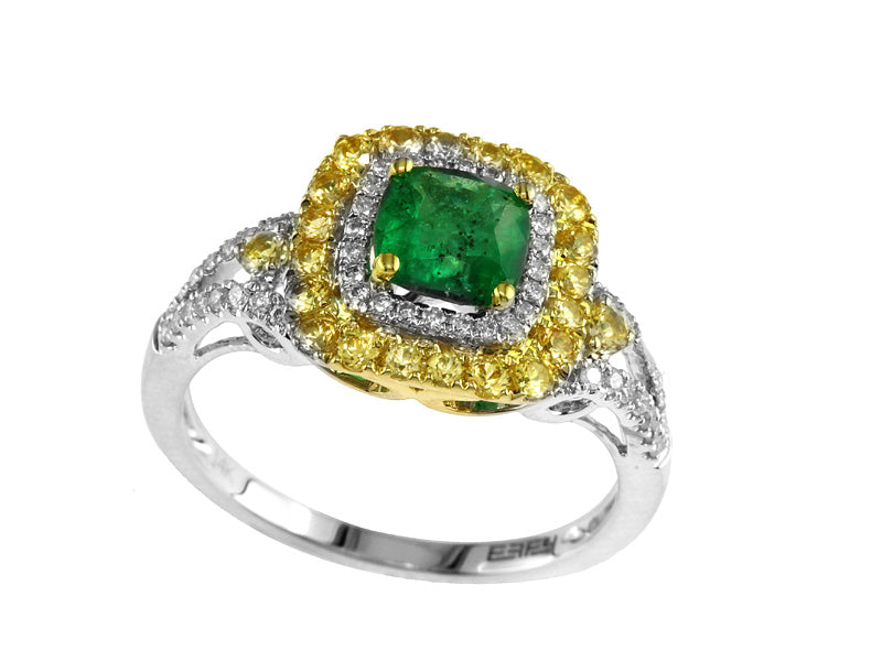 EFFY 14K WHITE and YELLOW GOLD DIAMOND,NATURAL EMERALD,YELLOW SAPPHIRE RING