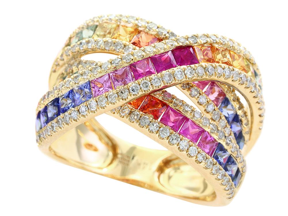 EFFY 14K YELLOW GOLD DIAMOND,NATURAL CEYLON SAPPHIRE,GREEN SAPPHIRE,PINK SAPPHIRE,YELLOW SAPPHIRE RING