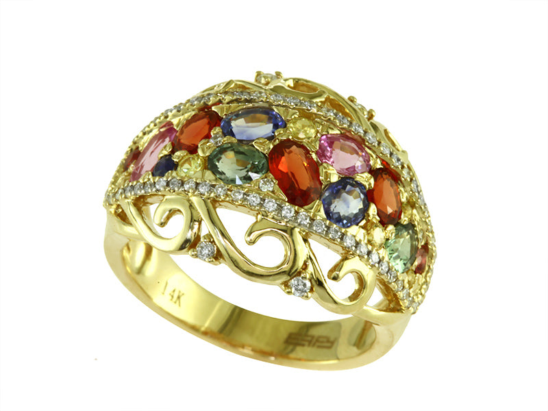 EFFY 14K YELLOW GOLD DIAMOND,GREEN SAPPHIRE,ORANGE SAPPHIRE,PINK SAPPHIRE,NATURAL SAPPHIRE,YELLOW SAPPHIRE RING