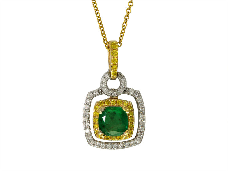 EFFY 14K WHITE and YELLOW GOLD DIAMOND,NATURAL YELLOW DIAMOND,NATURAL EMERALD PENDANT