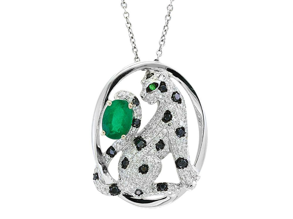 EFFY 14K WHITE GOLD DIAMOND,BLACK DIAMOND,NATURAL EMERALD,TSAVORITE PENDANT