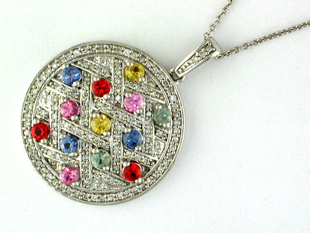 EFFY 14K WHITE GOLD DIAMOND,NATURAL CEYLON SAPPHIRE,GREEN SAPPHIRE,ORANGE SAPPHIRE,PINK SAPPHIRE,YELLOW SAPPHIRE PENDANT