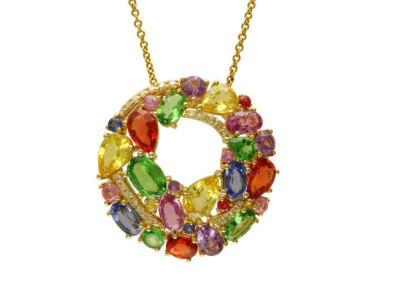 EFFY 14K YELLOW GOLD DIAMOND,NATURAL CEYLON SAPPHIRE,ORANGE SAPPHIRE,PINK SAPPHIRE,PURPLE SAPPHIRE,TSAVORITE,YELLOW SAPPHIRE PENDANT